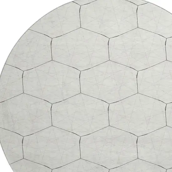 8' Linen And Black Geometric Washable Round Rug With UV Protection Photo 2