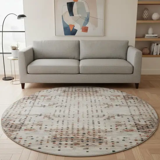 8' Linen And Blue Geometric Washable Round Rug With UV Protection Photo 2