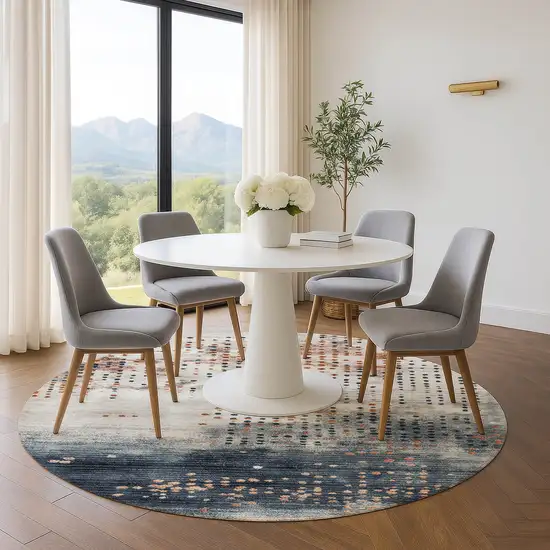 8' Linen And Blue Geometric Washable Round Rug With UV Protection Photo 5