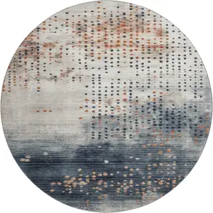 Photo of 8' Linen And Blue Geometric Washable Round Rug With UV Protection