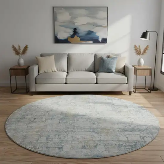 8' Linen And Blue Oriental Washable Round Rug With UV Protection Photo 2