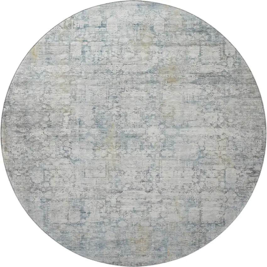 8' Linen And Blue Oriental Washable Round Rug With UV Protection Photo 2