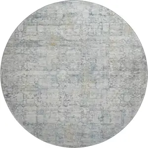 Photo of 8' Linen And Blue Oriental Washable Round Rug With UV Protection