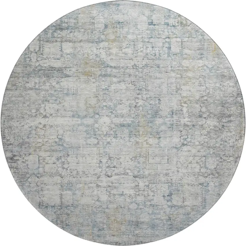 8' Linen And Blue Oriental Washable Round Rug With UV Protection Photo 1
