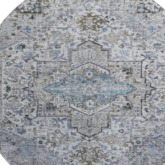 8' Linen And Blue Oriental Washable Round Rug With UV Protection Photo 2