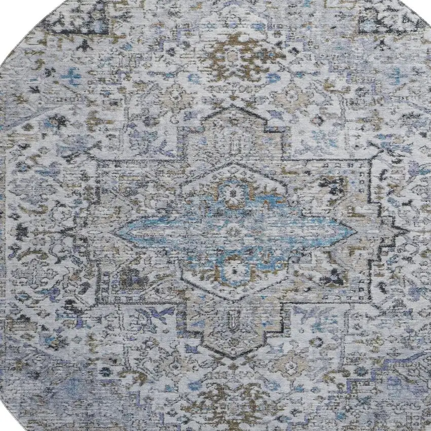 8' Linen And Blue Oriental Washable Round Rug With UV Protection Photo 2