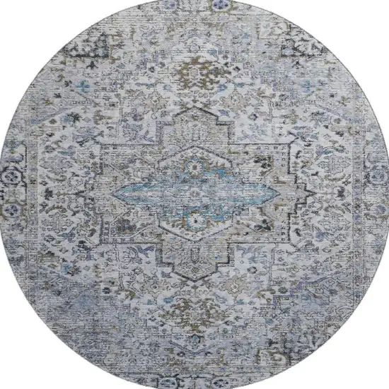 8' Linen And Blue Oriental Washable Round Rug With UV Protection Photo 3
