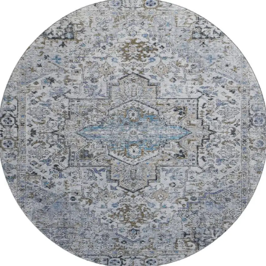 8' Linen And Blue Oriental Washable Round Rug With UV Protection Photo 3