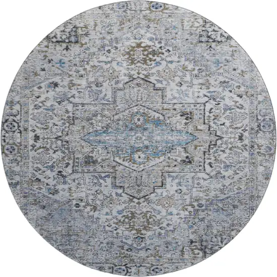 8' Linen And Blue Oriental Washable Round Rug With UV Protection Photo 1