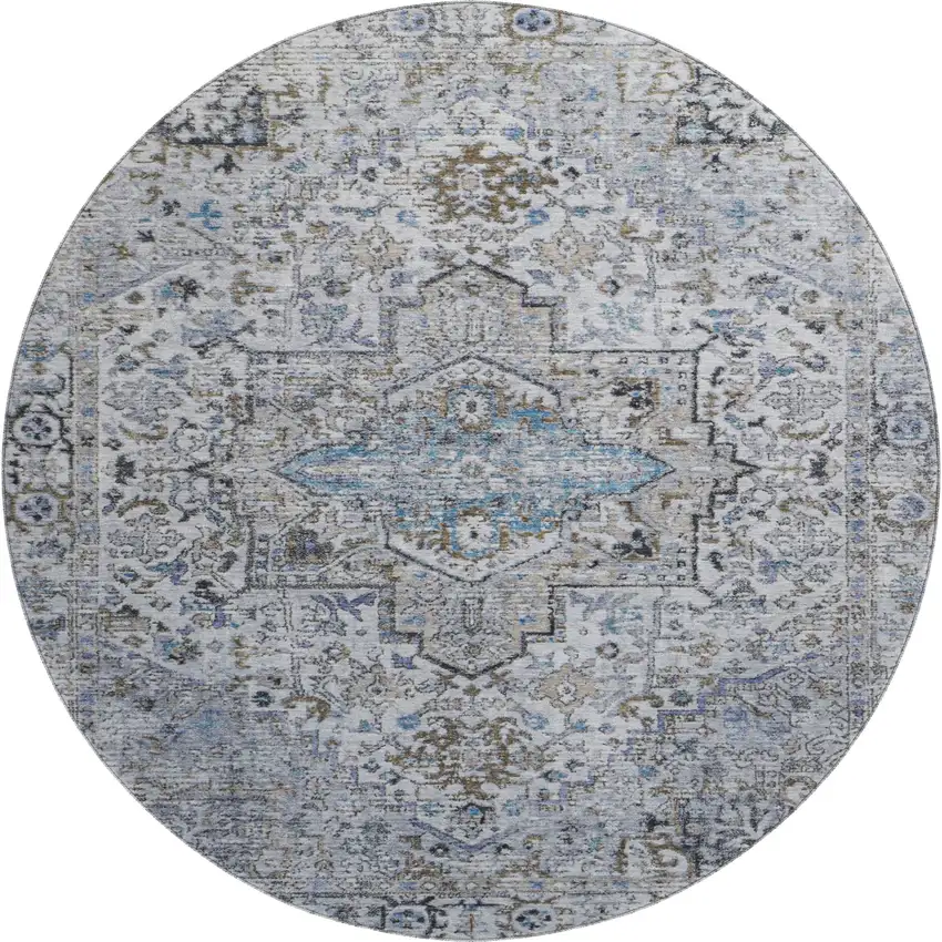 8' Linen And Blue Oriental Washable Round Rug With UV Protection Photo 1