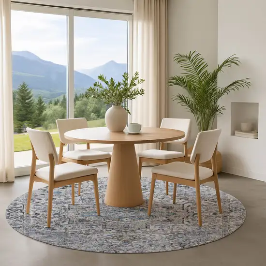 8' Linen And Blue Oriental Washable Round Rug With UV Protection Photo 4