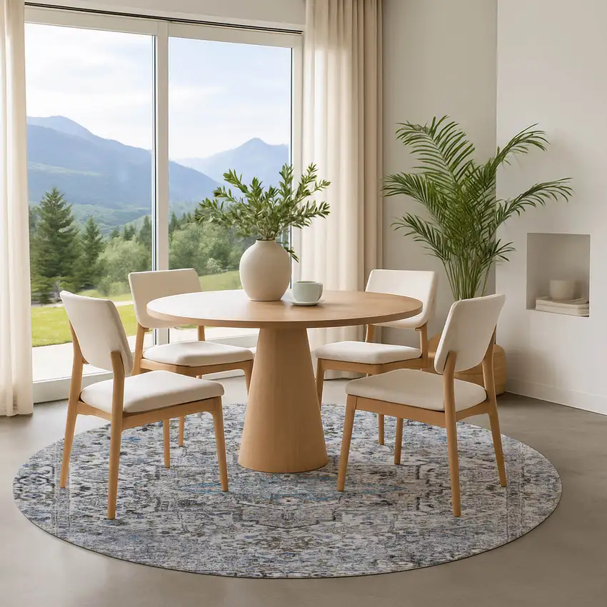 8' Linen And Blue Oriental Washable Round Rug With UV Protection Photo 4