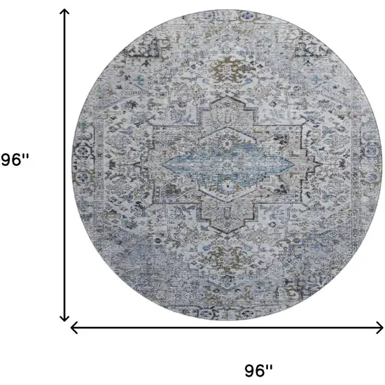 8' Linen And Blue Oriental Washable Round Rug With UV Protection Photo 9