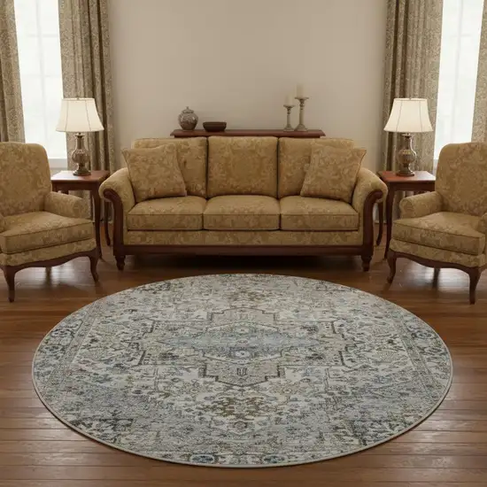 8' Linen And Blue Oriental Washable Round Rug With UV Protection Photo 2