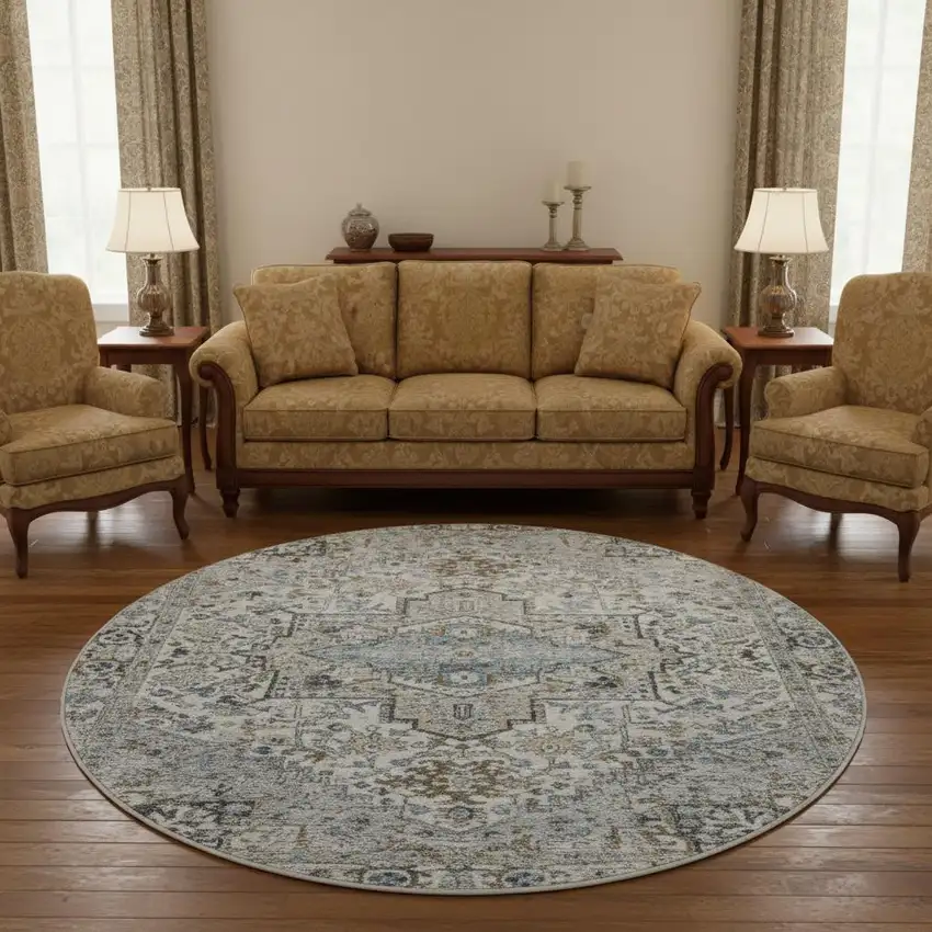 8' Linen And Blue Oriental Washable Round Rug With UV Protection Photo 2