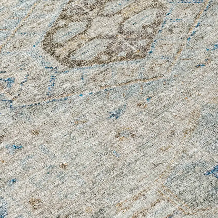 8' Linen And Blue Round Medallion Washable Indoor Outdoor Area Rug Photo 9