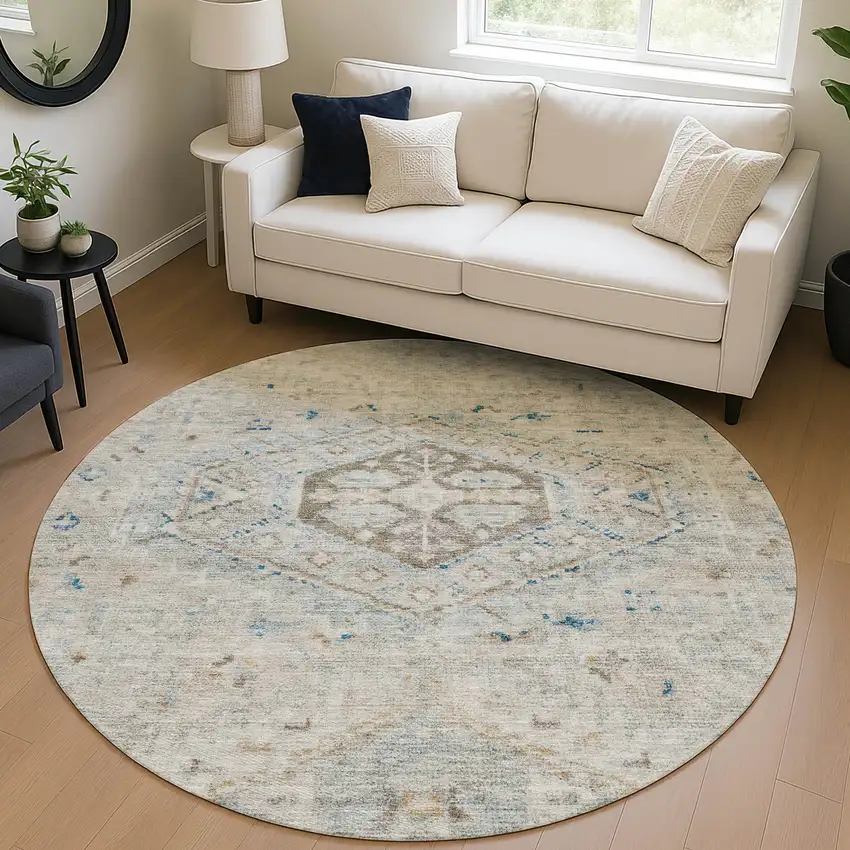 8' Linen And Blue Round Medallion Washable Indoor Outdoor Area Rug Photo 5