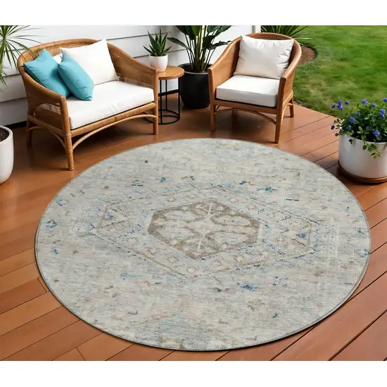 8' Linen And Blue Round Medallion Washable Indoor Outdoor Area Rug Photo 1