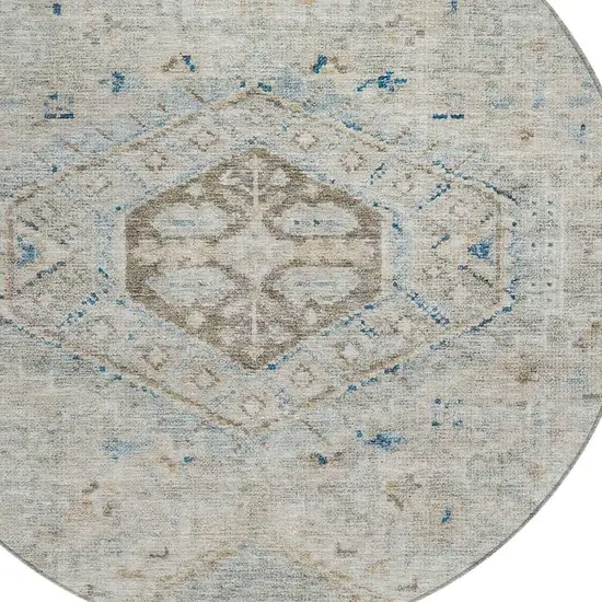 8' Linen And Blue Round Medallion Washable Indoor Outdoor Area Rug Photo 2