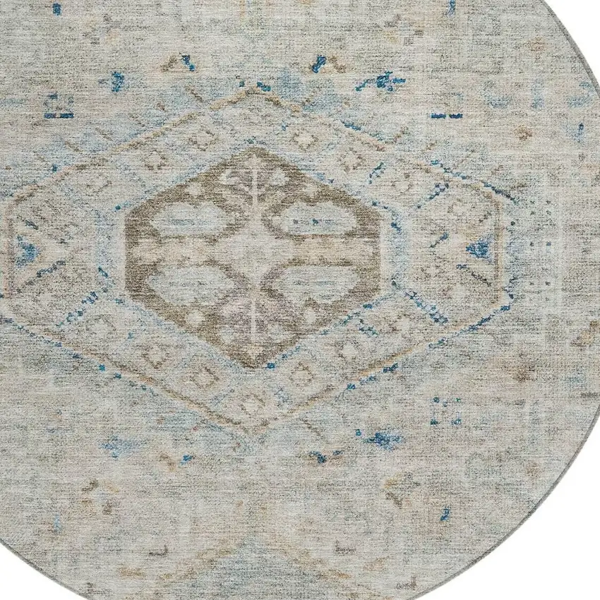 8' Linen And Blue Round Medallion Washable Indoor Outdoor Area Rug Photo 2