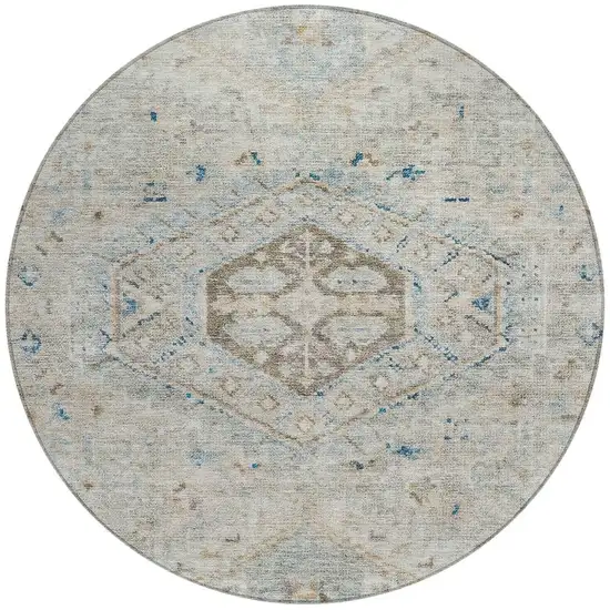 8' Linen And Blue Round Medallion Washable Indoor Outdoor Area Rug Photo 3