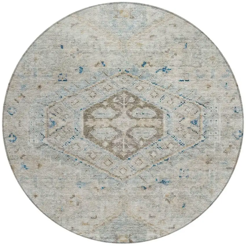 8' Linen And Blue Round Medallion Washable Indoor Outdoor Area Rug Photo 3