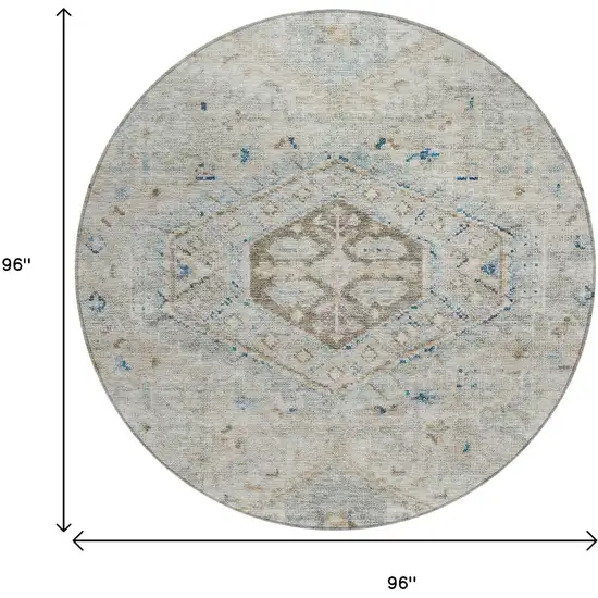 8' Linen And Blue Round Medallion Washable Indoor Outdoor Area Rug Photo 3