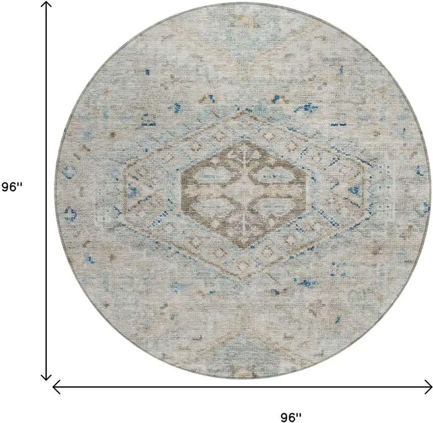 8' Linen And Blue Round Medallion Washable Indoor Outdoor Area Rug Photo 3