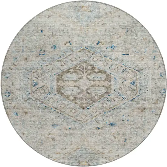 8' Linen And Blue Round Medallion Washable Indoor Outdoor Area Rug Photo 1
