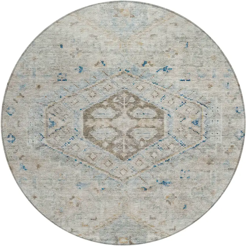 8' Linen And Blue Round Medallion Washable Indoor Outdoor Area Rug Photo 1