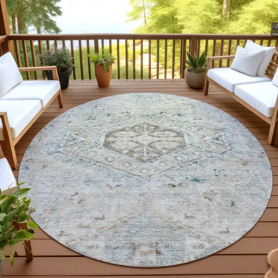 8' Linen And Blue Round Medallion Washable Indoor Outdoor Area Rug Photo 4