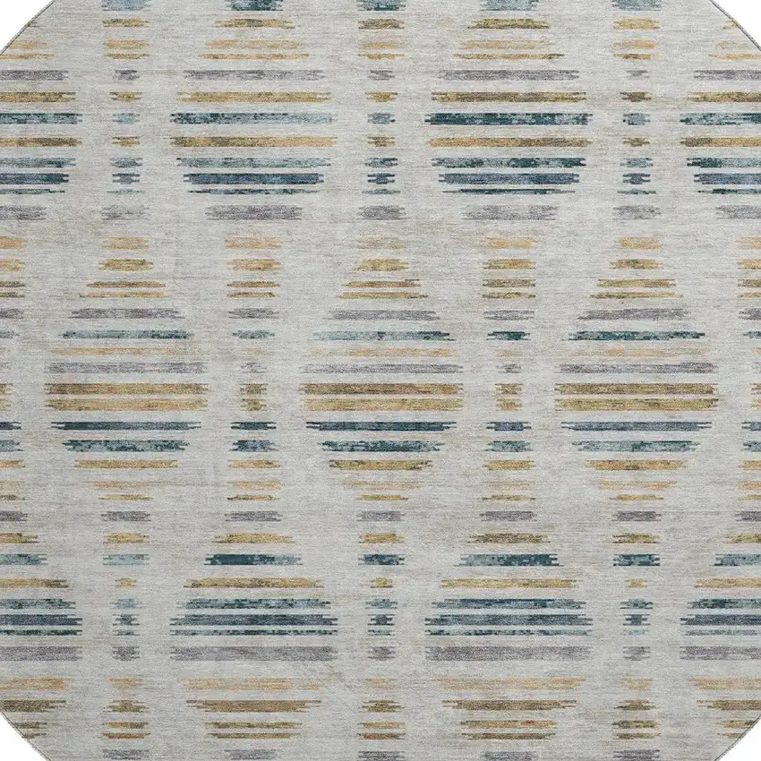 8' Linen And Blue Striped Washable Round Rug With UV Protection Photo 3