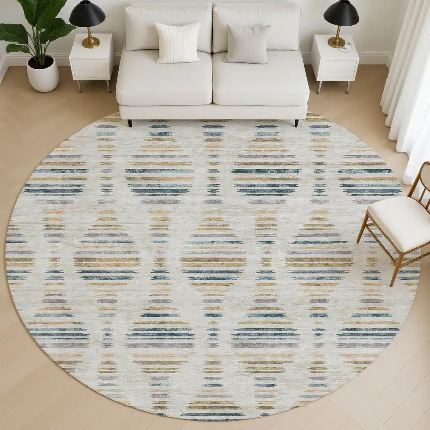 8' Linen And Blue Striped Washable Round Rug With UV Protection Photo 5
