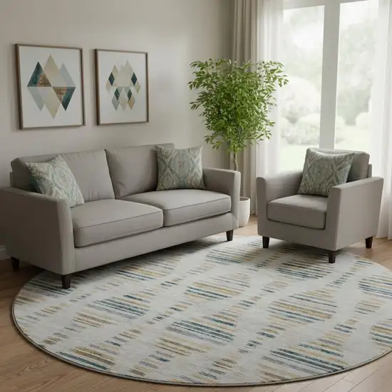 8' Linen And Blue Striped Washable Round Rug With UV Protection Photo 1