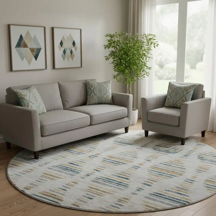 8' Linen And Blue Striped Washable Round Rug With UV Protection Photo 1