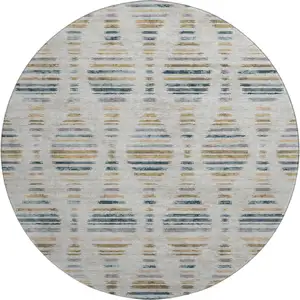 Photo of 8' Linen And Blue Striped Washable Round Rug With UV Protection