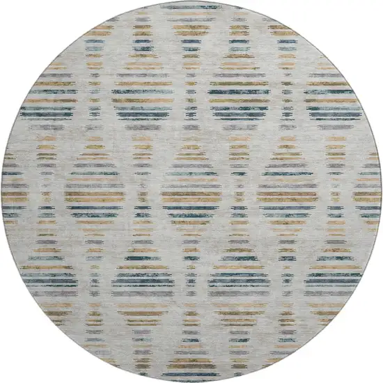 8' Linen And Blue Striped Washable Round Rug With UV Protection Photo 1