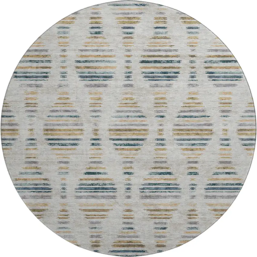 8' Linen And Blue Striped Washable Round Rug With UV Protection Photo 1