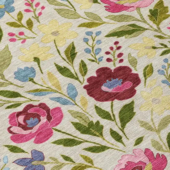 8' Linen And Blush Round Floral Washable Indoor Outdoor Area Rug Photo 7