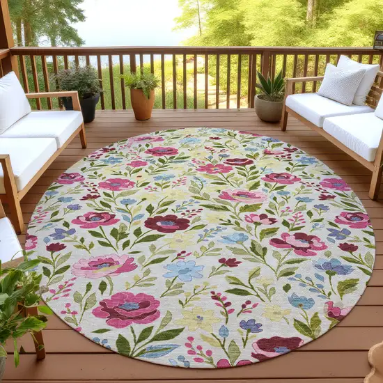 8' Linen And Blush Round Floral Washable Indoor Outdoor Area Rug Photo 4
