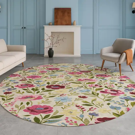 8' Linen And Blush Round Floral Washable Indoor Outdoor Area Rug Photo 5