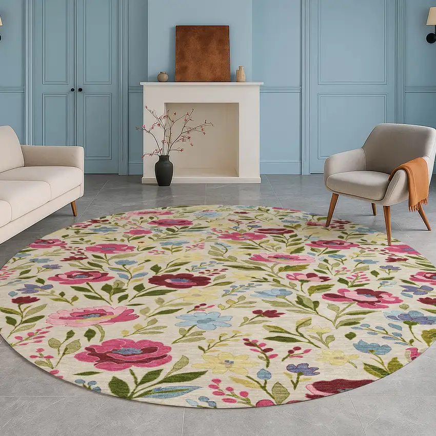 8' Linen And Blush Round Floral Washable Indoor Outdoor Area Rug Photo 5