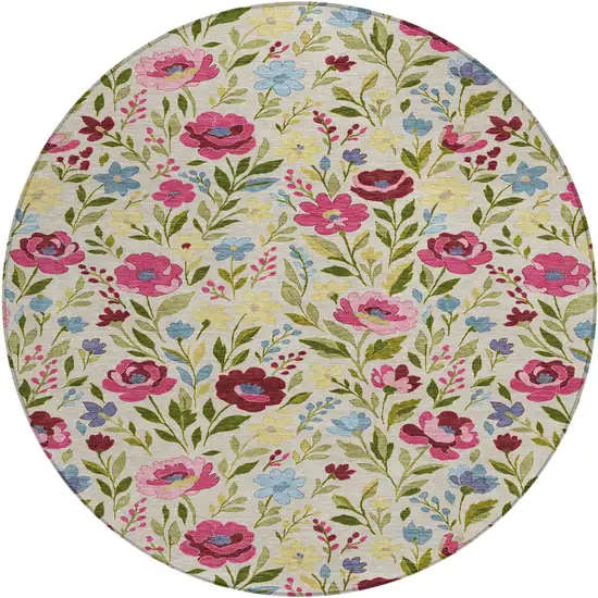 8' Linen And Blush Round Floral Washable Indoor Outdoor Area Rug Photo 1