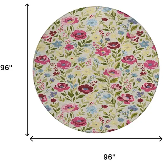 8' Linen And Blush Round Floral Washable Indoor Outdoor Area Rug Photo 8
