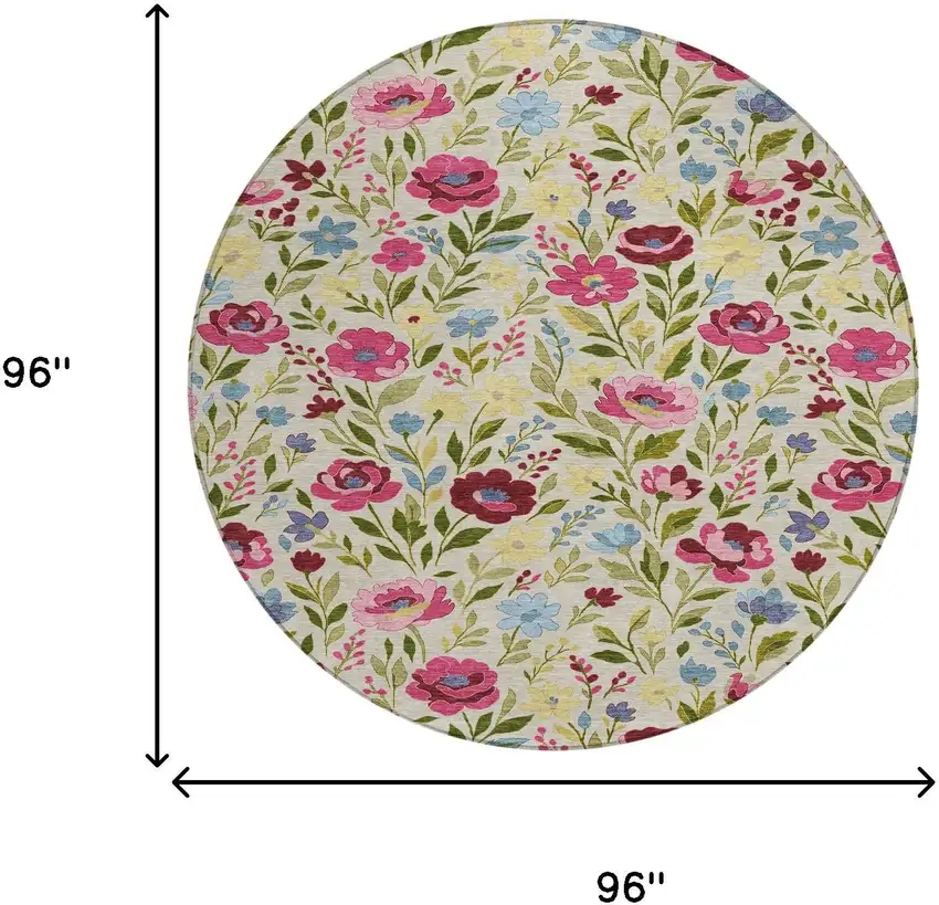 8' Linen And Blush Round Floral Washable Indoor Outdoor Area Rug Photo 8