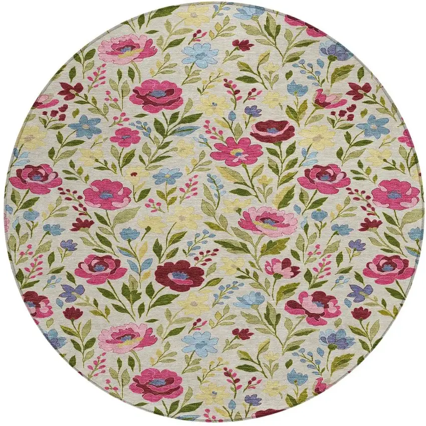 8' Linen And Blush Round Floral Washable Indoor Outdoor Area Rug Photo 2