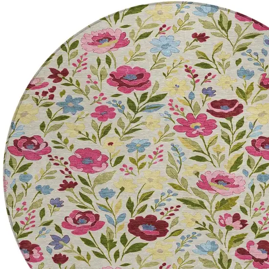8' Linen And Blush Round Floral Washable Indoor Outdoor Area Rug Photo 3