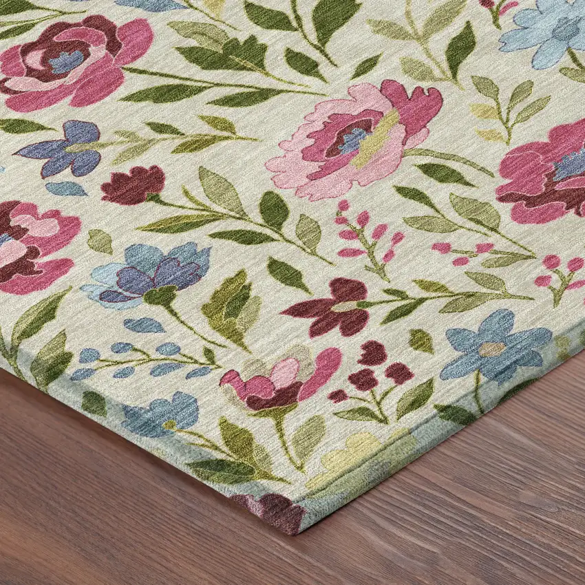 8' Linen And Blush Round Floral Washable Indoor Outdoor Area Rug Photo 6