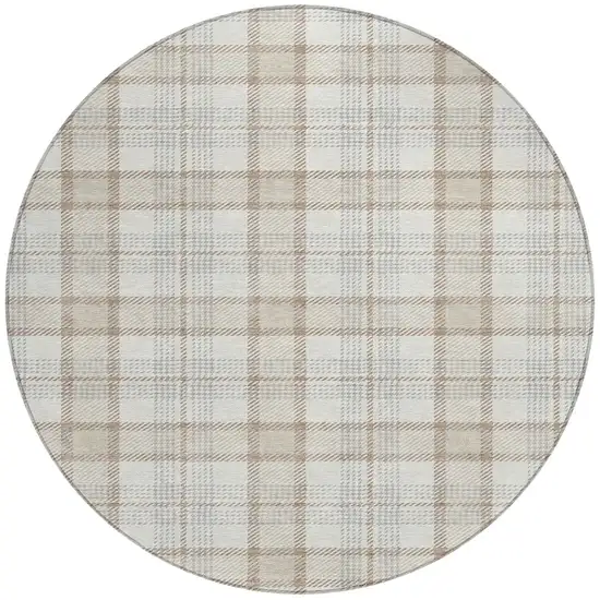 8' Linen And Brown Round Plaid Washable Indoor Outdoor Area Rug Photo 5