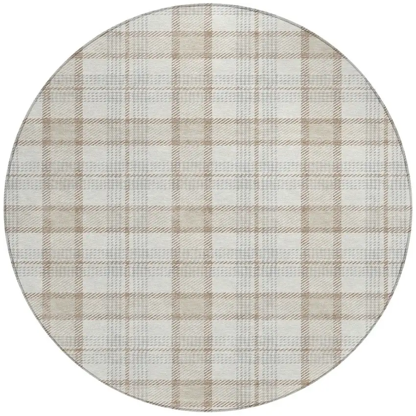8' Linen And Brown Round Plaid Washable Indoor Outdoor Area Rug Photo 5
